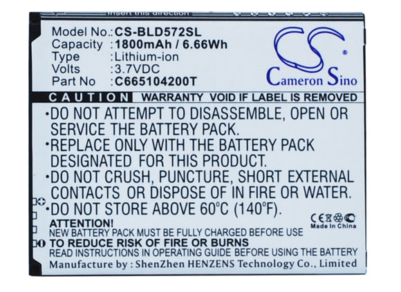 Battery for BLU W510U C665104200T, C765804200L 3.7V Li-ion 1800mAh / 6.66Wh