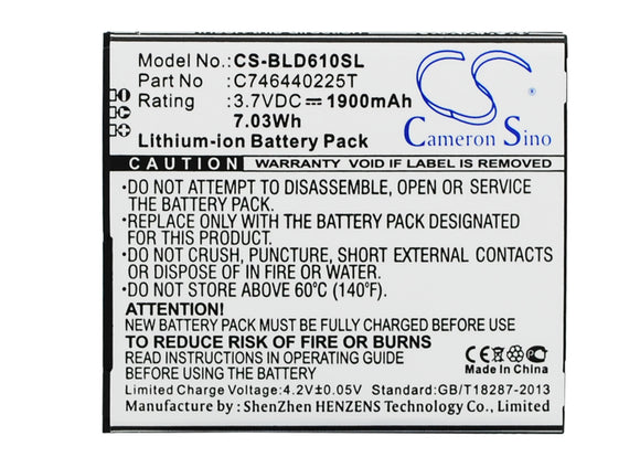 Battery for BLU D610i C746440225T 3.7V Li-ion 1900mAh / 7.03Wh