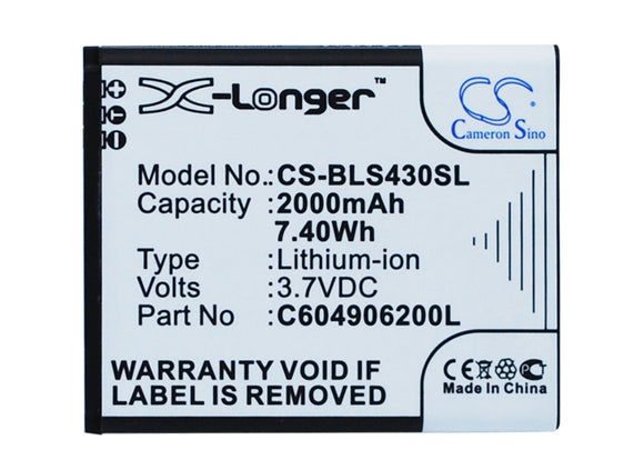 Battery for BLU S430U C604905200T, C604906200L 3.7V Li-ion 2000mAh / 7.40Wh
