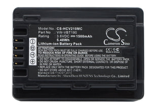 Battery for Panasonic HC-V110 VW-VBT190 3.6V Li-ion 1500mAh / 5.40Wh