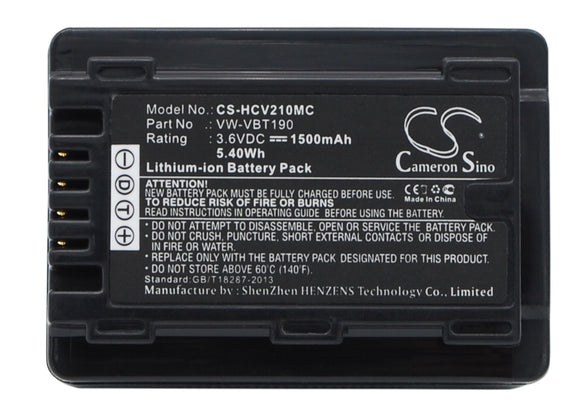 Battery for Panasonic HC-W580 VW-VBT190 3.6V Li-ion 1500mAh / 5.40Wh