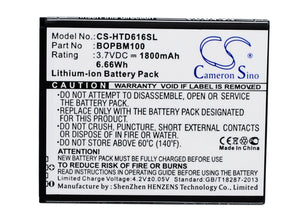 Battery for HTC D616w 701701000951, BOPBM100 3.7V Li-ion 1800mAh / 6.66Wh