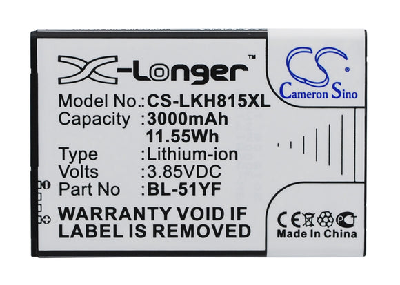 Battery for LG H810 BL-51YF, BL-51YH, EAC62858501 3.85V Li-ion 3000mAh / 11.55Wh