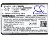 Battery for LG L44VL BL-49JH, EAC63138801 3.7V Li-ion 1700mAh / 6.29Wh