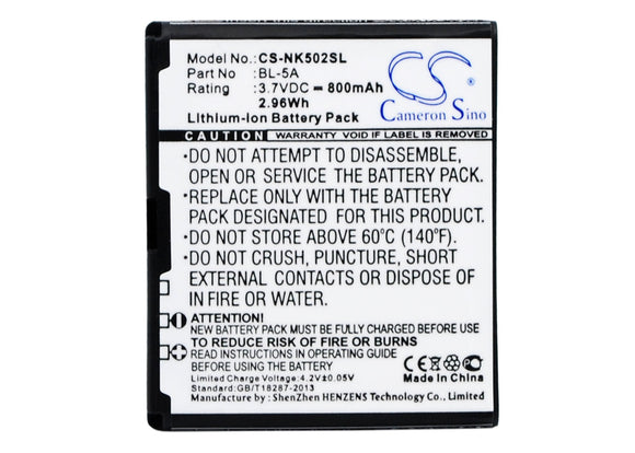 Battery for Nokia Asha 502 BL-5A 3.7V Li-ion 800mAh / 2.96Wh