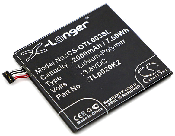 Battery for Alcatel OT-6039K C2000023C2, TLp020K2 3.8V Li-Polymer 2000mAh / 7.60
