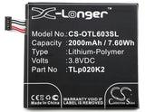 Battery for Alcatel OT-6039K C2000023C2, TLp020K2 3.8V Li-Polymer 2000mAh / 7.60