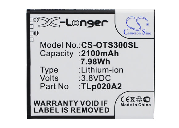 Battery for Alcatel OT-5065W TLi020A1, TLp020A2 3.8V Li-ion 2100mAh / 7.98Wh