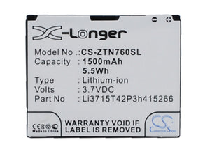 Battery for ZTE Valet Li3715T42P3h415266 3.7V Li-ion 1500mAh / 5.55Wh